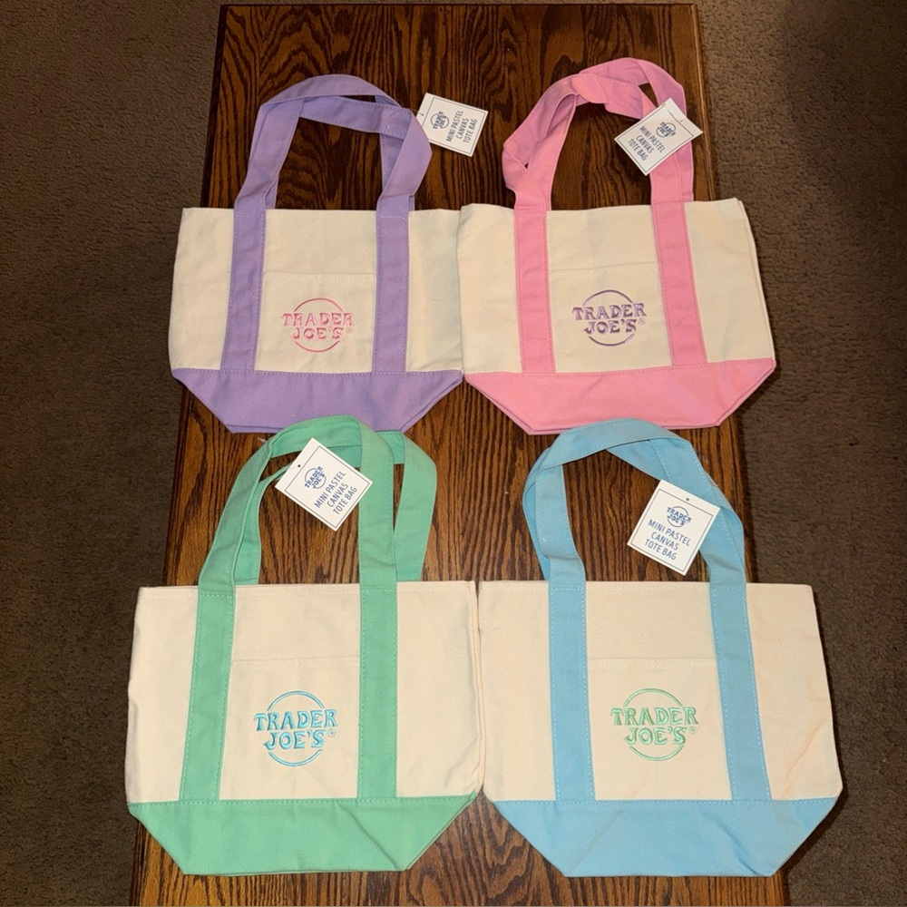 Trader Joe's Mini Pastel Canvas Tote Bag Set Of 4 Colors New